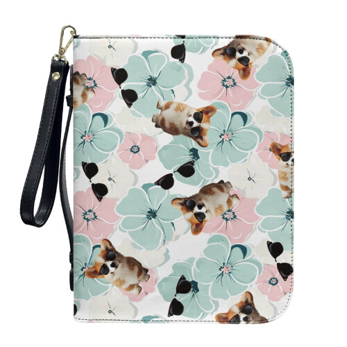 Copertă mare pentru Biblie din piele PU Hibiscus Corgi