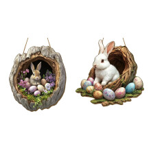 Door Sign Cute Rabbit Tree Hole Easter Door Ornament Rustic Easter Hanging Plaque for Porch Door Walls Window and Interior Home Decor 2PCS