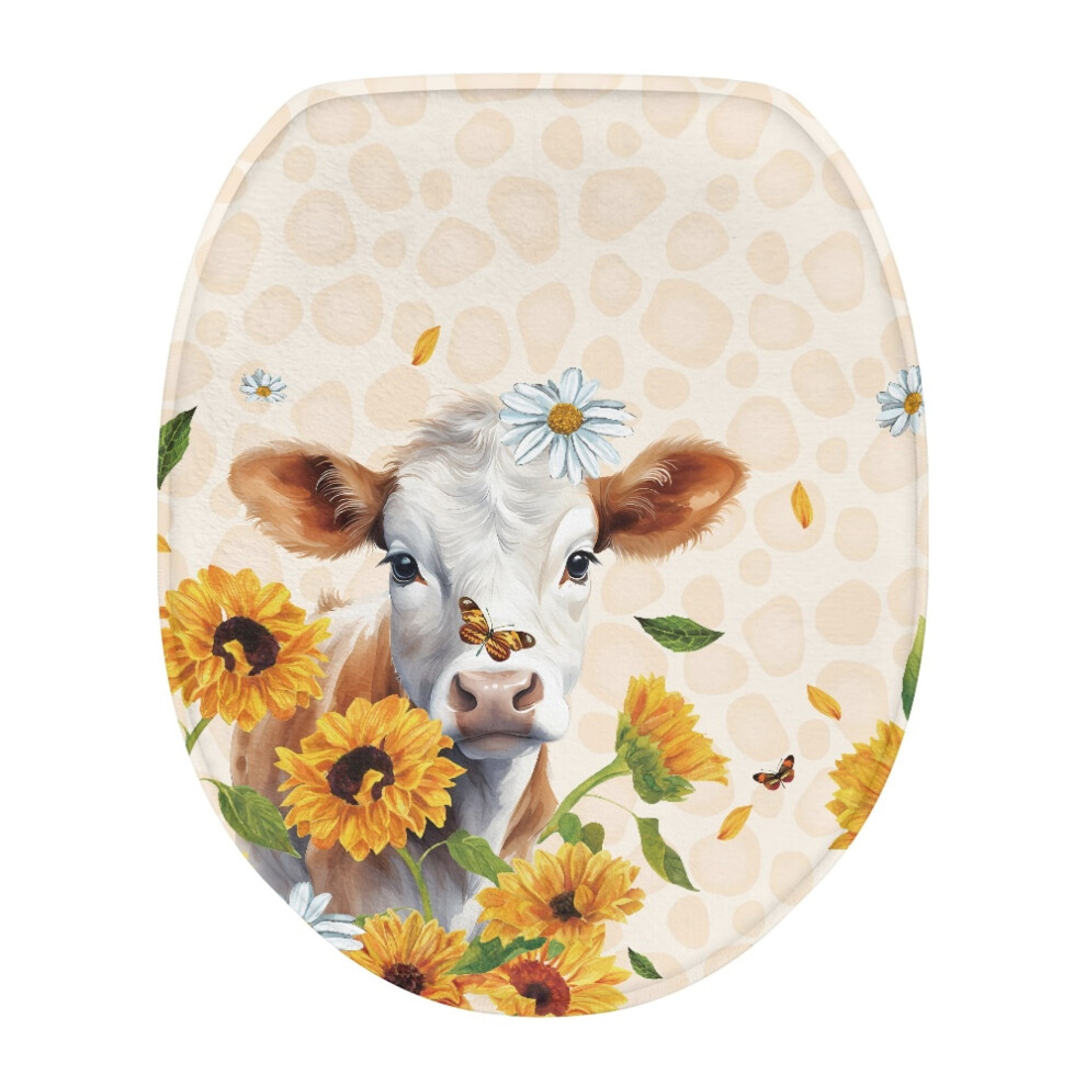 Sunflowers Cow Toilet Lid Cover Round Machine Washable 962125679076