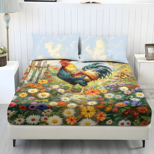 Bedding Set Full Size Soft Cooling Polyester Rooster Floral