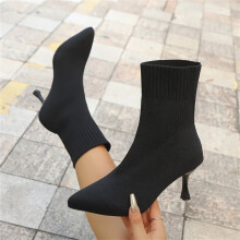 Willtoo Ankle Boots for Women Stiletto Low Heel Sock Booties Fall Winter Pointed Toe Slim Boot Pull On Stretch Knit Bootie