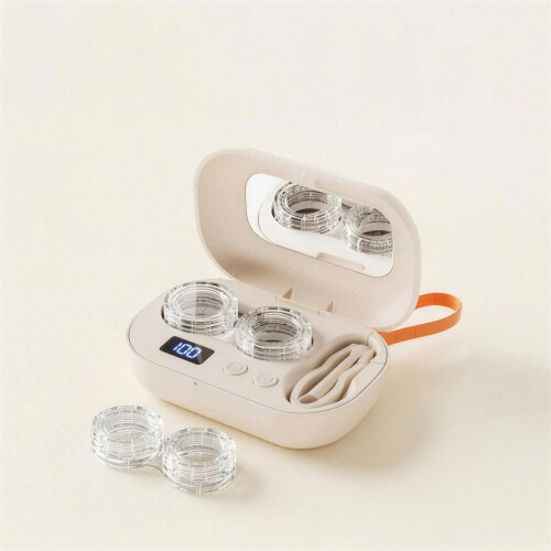 Portable contact lens case with UV sterilization and mirror