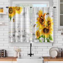 Sunflower Floral Kitchen Curtains with Bee Dragonfly