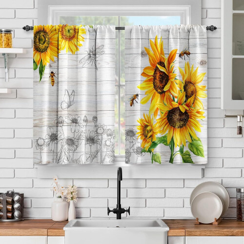 Sunflower Floral Kitchen Curtains with Bee Dragonfly