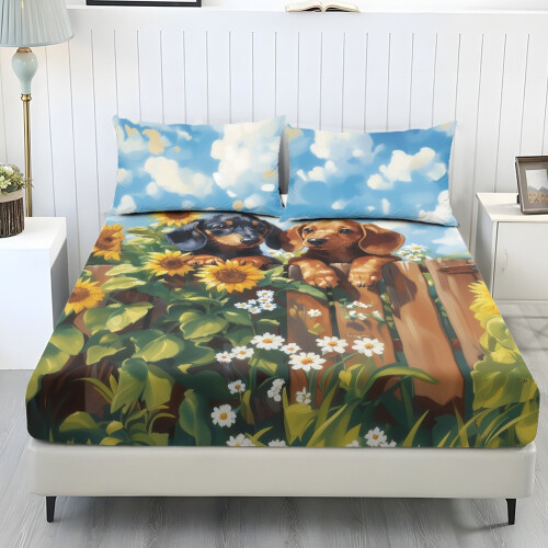 Ensemble de draps pour lit simple, motif floral teckel, 3 pièces