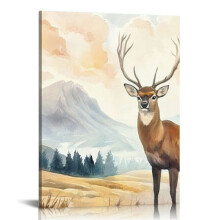 Tableau sur toile représentant un cerf, paysage forestier, aquarelle