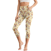 Corgi Printed Yoga Pants Women Capri Leggings High Waisted Workout Leggings Dog Paw Bone Printed Yoga Capris with Pockets, 3XL