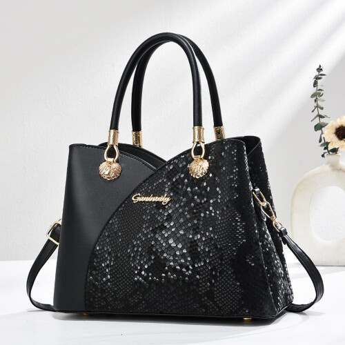 Γυναικεία μαύρη τσάντα Satchel με λαβή στο πάνω μέρος και πολλαπλές τσάντες 1