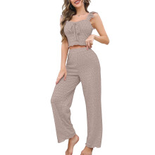 Women's Solid Casual 2-Piece Set Top & Pants Coffee L