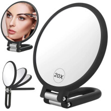Double-Sided Travel Magnifying Mirror, 20X, Adjustable Handle/Stand, Foldable Handheld Makeup Mirror (Black)