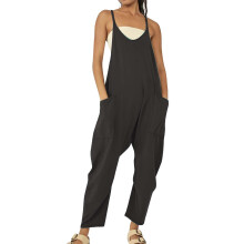 Women's Black Denim Jumpsuit V-Neck Sleeveless Skinny Fit