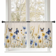 Blue and Yellow Floral Sheer Curtains 52x54 Inch Butterfly