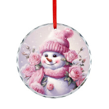 Snowman Glass Ornament with Pink Roses Scarf and Hat