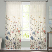 Sheer Curtains Floral Watercolor Leaves Linen 2 Panels