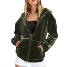 Damen-Samt-Hoodie-Jacke, einfarbig, durchgehender Reißverschluss, Größen S-XXL