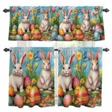 Easter Bunny Eggs Kitchen Curtains Set Spring Flower Blue