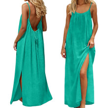 Vestido lencero sin mangas y sin espalda para mujer, color verde, con abertura en el bajo.