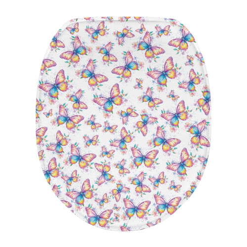 Capa de vaso sanitário de flanela com estampa de borboletas e elástico macio e flexível.