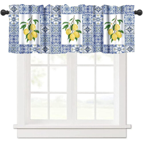 Lemon Window Valance Blue Tiles Design 54x18 inch