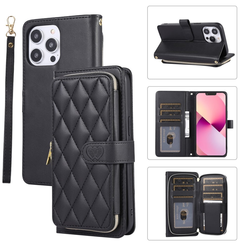 Leather Wallet Case For Iphone 13 Pro 6.1" With Strap Black 974856069071