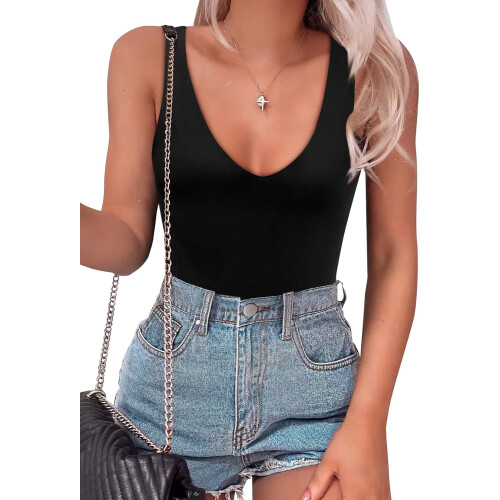 Damesbodysuit met diepe V-hals, open rug, mouwloos en stringmodel.