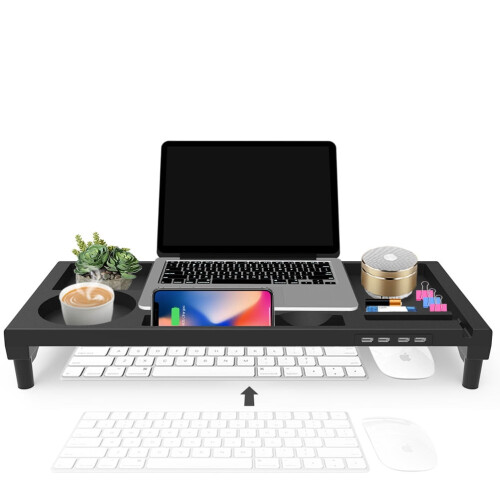 Small Monitor Riser Black Plastic 1 Pc 52.5x23 cm with USB