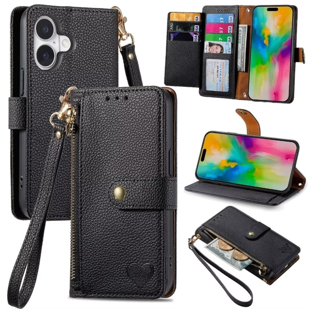 Leather Iphone 16 Wallet Case With Zipper And Kickstand Â 974856064168