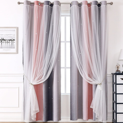 Double-Layer Rainbow Gradient Blackout Curtains Peach Grey