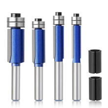 Brocas de Roteador Retas de 4 Unidades Haste de 1/4 de Polegada, Conjunto de Brocas de Roteador de Corte Nivelado com Rolamento Superior Inferior para