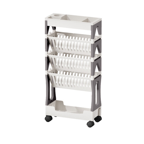 Student Desk with 5-Tier Foldable Bookshelf White Gray