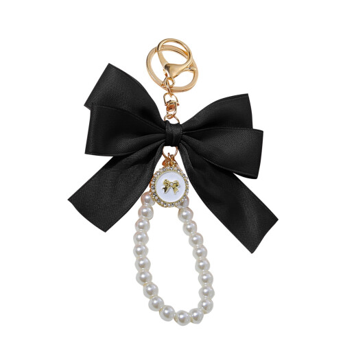 Coquette Bow Keychain Black Simulated Pearl