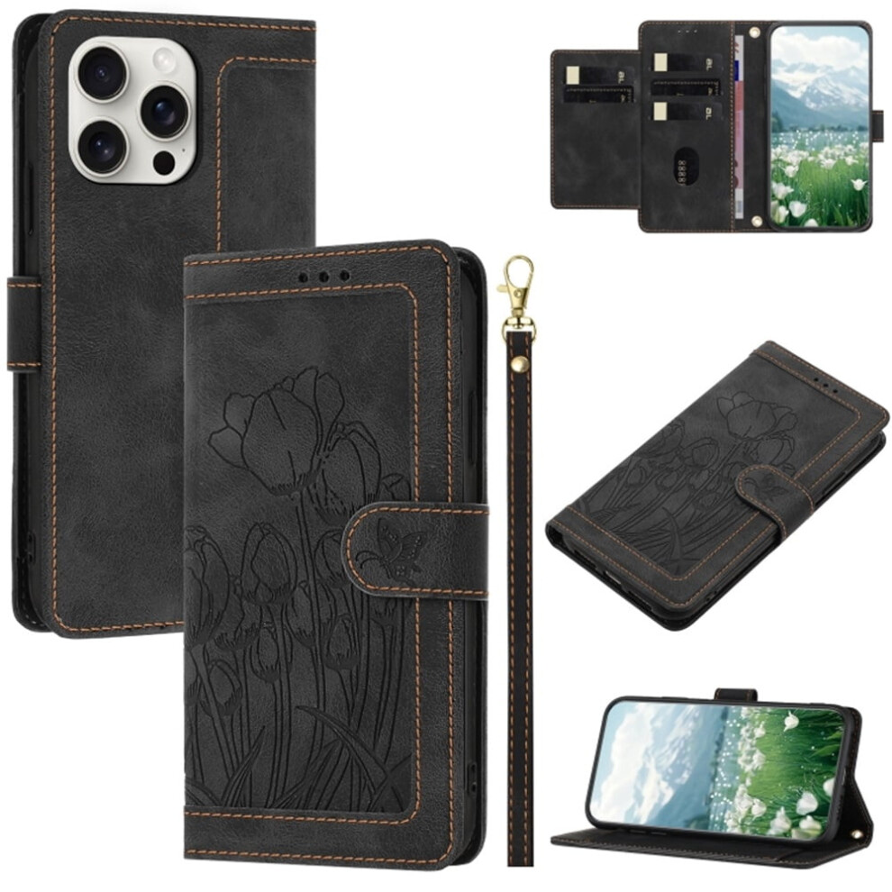 Leather Flip Wallet Case For Iphone 15 Pro Tulip Embossed 974856080595