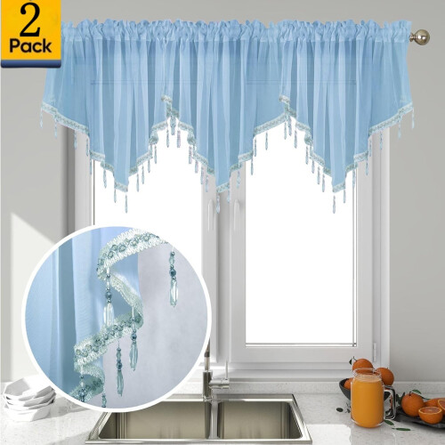 Beaded Triangle Sheer Valance Curtains Sky Blue 2-Pc 51x24