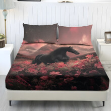 Ensemble de draps 3 pièces pour lit simple XL à motif cheval, comprenant 1 drap-housse et 2 taies d'oreiller. Draps pour lit de jardin avec poches