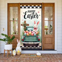 Bunny Design Easter Banner with Colorful Eggs, Vintage Truck & Wooden Cross Backdrop – Compatible with Easter, Spring Party, Family Gathering
