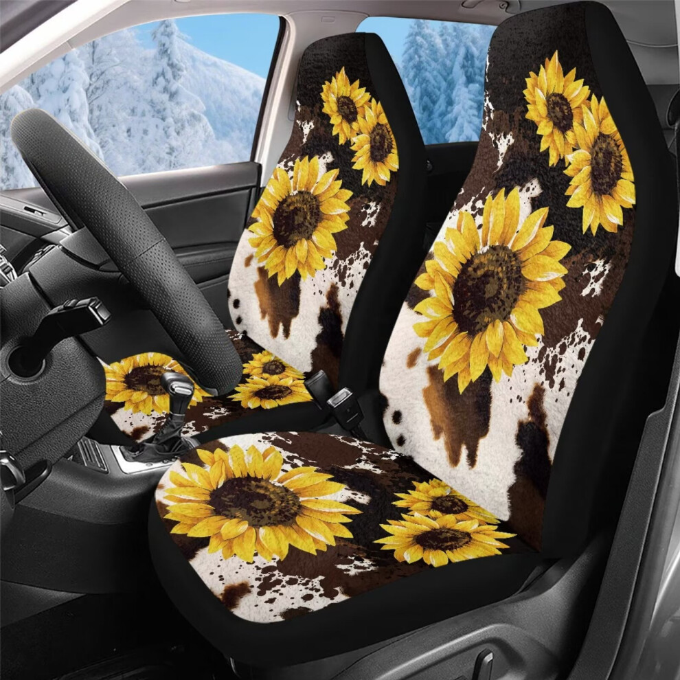 Sunflower Cow Print Car Seat Covers Soft Plush 2 Pcs Coral 974856082865