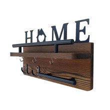 Wall Mount Key Hooks Organizer Iron Wood 6 Hooks Brown