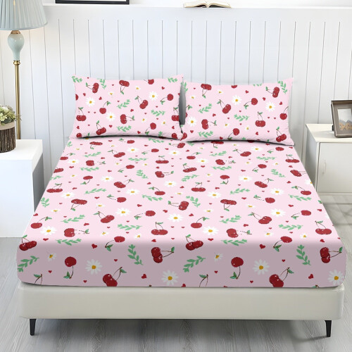 Pink Cherry Flower Queen Bed Sheet Set 3-Piece