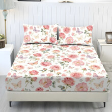 Ensemble de draps 3 pièces à motif papillons roses : 1 drap-housse + 2 taies d’oreiller, blanc/rose, bonnet de 25 cm, literie douce et