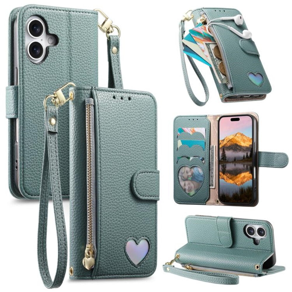 Iphone 16 Leather Wallet Case With Heart Zipper Green 974856080700