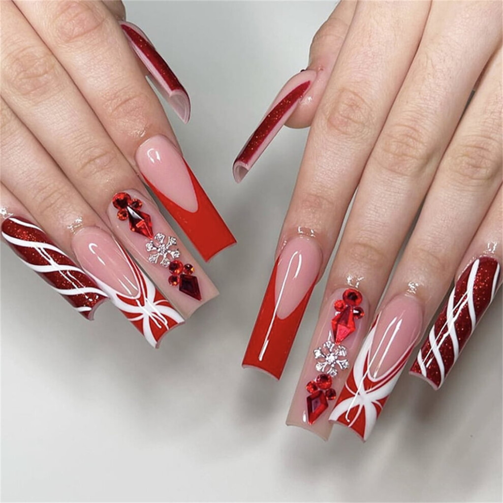 Christmas press on nails square long acrylic French tip 24