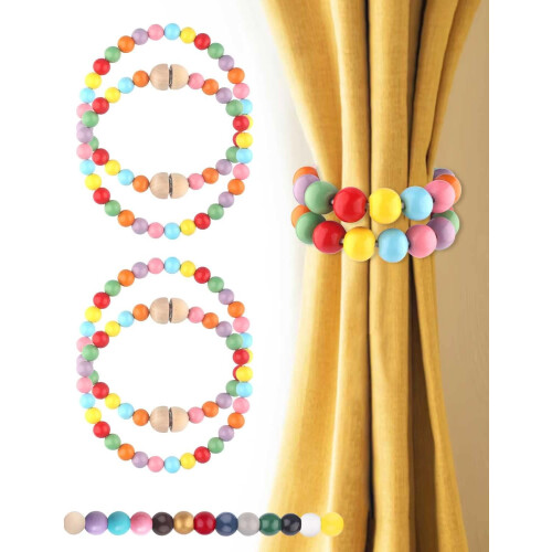 Boho Curtain Tiebacks Magnetic Wood Bead 4-Pack