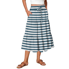 Ladies' Casual Stripe Print Elastic Waist Drawstring Midi Skirt Blue S