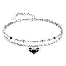 925 Sterling Silver Bats Anklet for Women – Adjustable Boho Black Zircon Ankle Bracelet, 11" Layered Jewelry