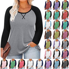 Women's Plus Size Tops Casual Chest Print Solid Color Round Neck Pullover Loose Long Sleeved Raglan Top