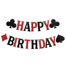 Casino Happy Birthday Banner – Las Vegas Theme, Blackjack Poker Night Decor, Red & Black Glitter – Compatible with Casino Parties
