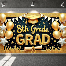 Chalkboard-Style "Next Stop: High School" Banner – Hand-Drawn Graduation Display with Cap & Globe, Compatible with 8th Grade Transition Parties