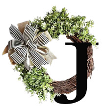 15" Personalized Farmhouse Front Door Wreath with Bow, Rattan Garland & 35-Letter Sign – Compatible with All Standard Doors