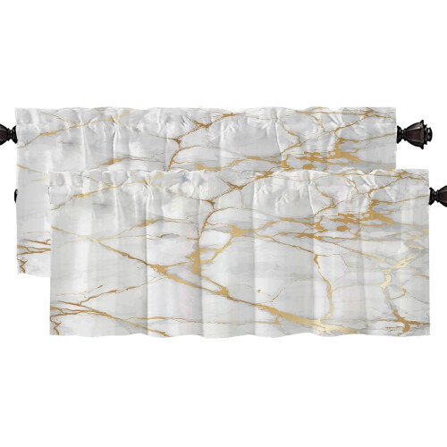Abstract Kitchen Valance Curtains Gold White 52x18 in 2-Pack