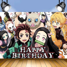 Demon Slayer Happy Birthday Anime Cartoon Theme Backdrops Banner Birthday Party Decor Supplies,5.9x3.6ft